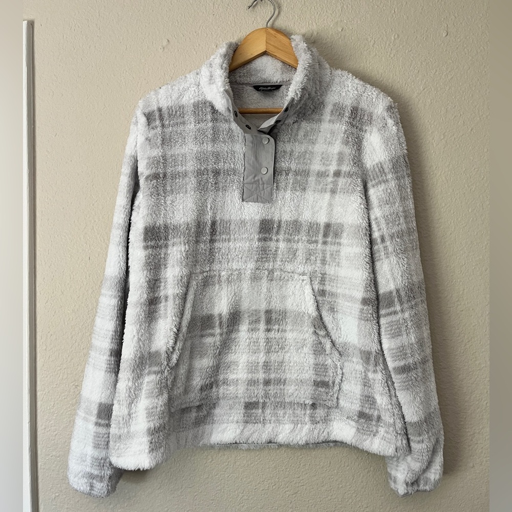 Eddie Bauer Fleece Pullover Sweater Women Large Faux Fur Grey White Plaid